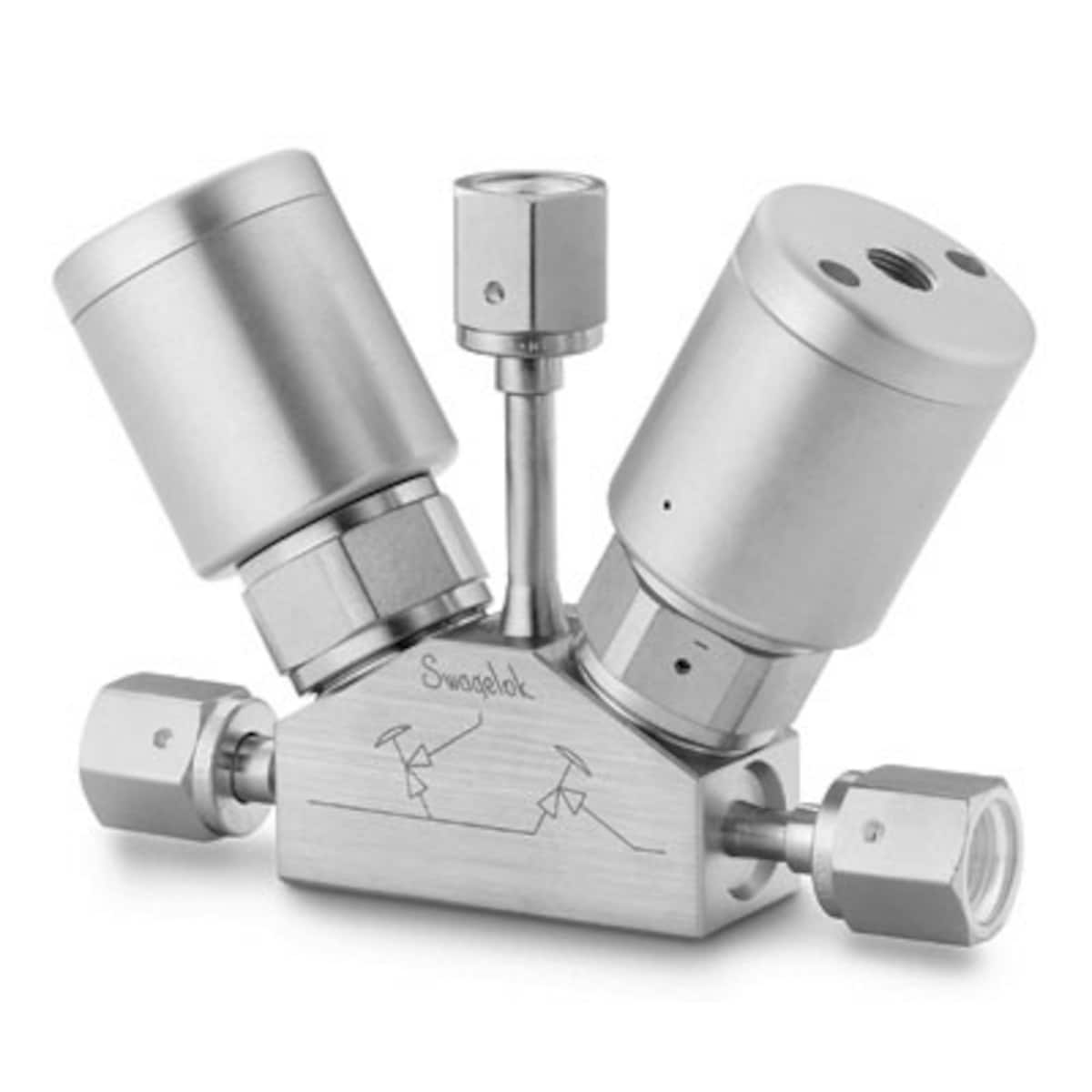 SWAGELOK/世伟洛克 316L VIM-VAR UHP 隔膜密封 2 阀 3 口单体阀组，1V 流道，1/4 in. 内螺纹 VCR 接头。SC-01 清洁，NC 执行机构 6LVV-P1V222P-AA