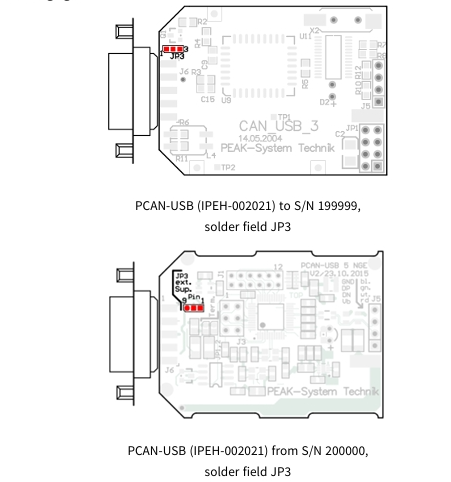 根据PCAN-USB的型号（PEAK IPEH-002021和IPEH-002022）将焊桥设置在电路板上的预期位置-1
