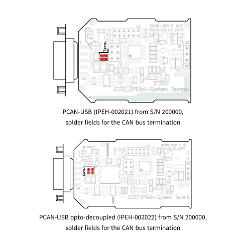 根据PCAN-USB的型号（PEAK IPEH-002021和IPEH-002022）将焊桥设置在电路板上的预期位置-4