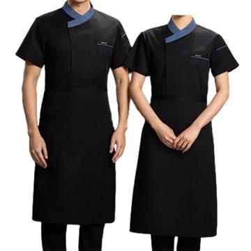 YGJJ 夏季厨师工作服套装高档短袖 TL1696，黑色+围裙,3XL