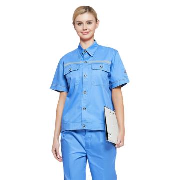 佰伊 CVC防静电工作服夏季薄款短袖套装 6001湖兰色短袖 XL/175