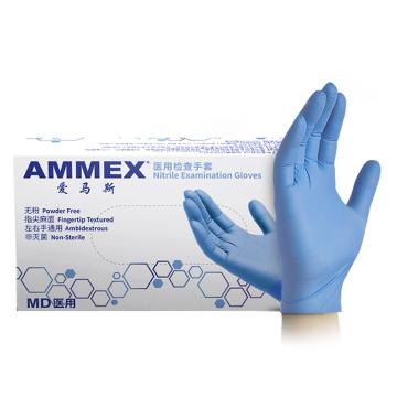 AMMEX/爱马斯 一次性丁腈手套蓝色，无粉指尖麻，L，100只/盒，10盒/箱 APFNCMD46100