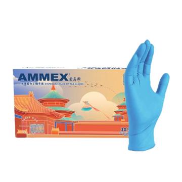 AMMEX/爱马斯 一次性蓝色丁腈手套无粉，麻面，3.5g，中号，30只/盒，30盒/箱 ONF4430