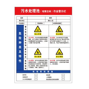 CareWel 有限空间作业安全告知牌，"污水处理池（有限空间）作业警示栏"，纵向，1.0mm铝板，450*600mm KVSJ0104