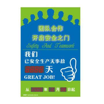 安赛瑞 安全生产天数纪录牌-团队合作开启安全之门，LED自动数显，600×900mm 30104
