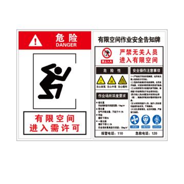 卡威 有限空间作业安全告知牌，危险和有限空间作业安全告知牌合二为一，1.5mmABS塑料板，400*300mm KVSJ0129