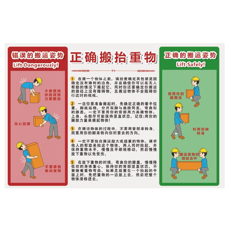 帛拉 安全教育海报正确搬抬重物，1.5mmABS，750*500mm 71088