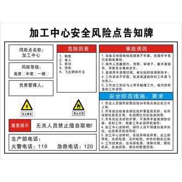 安科 安全风险点告知牌-加工中心，铝合金板，反光膜，400*300mm，1mm板厚 AK-FXD111