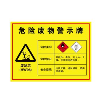 卡威 危险废物警示牌，"废滤芯"，1.0mm铝板覆工程级反光膜，400*300mm KVSJ0567