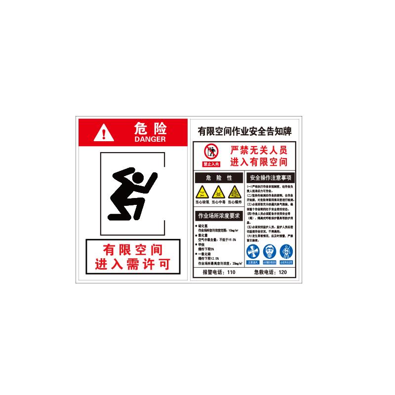 帛拉 有限空间作业安全告知牌危险和有限空间作业安全告知牌合二为一，1.5mmABS塑料板，600*450mm 81226