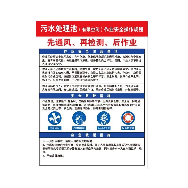 帛拉 有限空间作业安全告知牌"污水处理池（有限空间）作业安全操作规程"，纵向，1.0mm铝板，300*400mm 81203