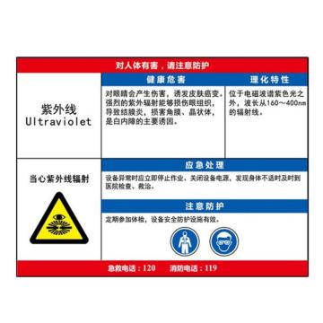 金能电力 职业病告知卡-紫外线，PVC板，600×450mm，2mm板厚 JN-WTP61