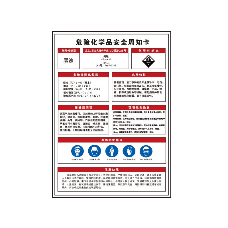 帛拉 危险化学品安全周知卡"硝酸"，1.5mmABS塑料板，500*700mm 83105A