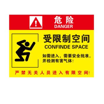 卡威 有限空间作业安全告知牌，"危险受限制空间"，1.5mmABS塑料板，600*450mm KVSJ0122