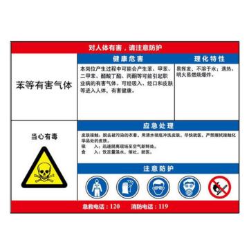金能电力 职业病告知卡-苯等有毒气体，PVC板，600×450mm，2mm板厚 JN-WTP101
