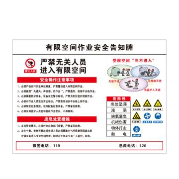 卡威 有限空间作业安全告知牌，"受限空间三不进入"，横向，1.0mm铝板，400*300mm KVSJ0121