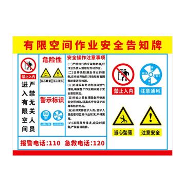 安赛瑞 职业病危害告知卡有限空间作业安全告知牌 30×40cmPVC塑料板 EA100733