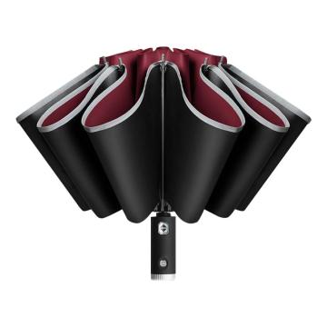 三极户外 10骨全自动反向伞 TP7399 黑胶碰击布+反光条+LED灯酒红色