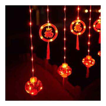 纺派侬 新年红灯笼窗帘灯（环+灯笼）福到了，插电220V，3米长，下挂30/50cm，共10挂 FPNCLD-SYHLCD01