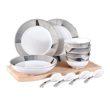 康宁餐具 12件套，素颜系列CB-SYXL12-HP/KZ 材质：新骨瓷 规 格：4.5寸饭碗×4/小汤勺×4/8寸浅盘×2/8寸汤盘×2 CB-SYXL12-HP/KZ