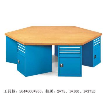 位邦 六角工作桌，三抽一门工具柜×6组，承重1t，尺寸2400×1200×850mm，榉木台面不含安装 79.6604.02