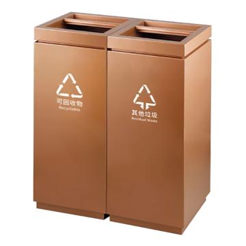 功成狮 防指纹商场连体两分类垃圾桶直投无盖YT-D7S玛雅金色30L*2 GJRA0276