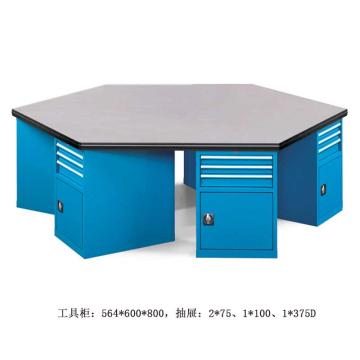 位邦 六角工作桌，三抽一门工具柜×6组，承重1t，尺寸2400×1200×850mm，铁板台面不含安装 79.8604.02