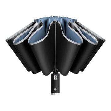 三极户外 10骨全自动反向伞 TP7399 黑胶碰击布+反光条+LED灯牛仔蓝