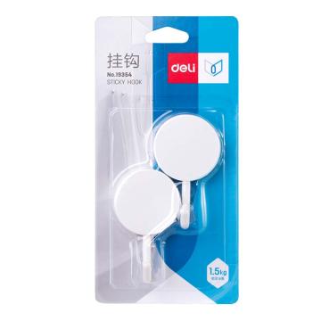 deli/得力 强力粘胶挂钩1.5kg(白色) 厨房浴室墙壁免钉门后挂衣钩 (2只/卡) 19354