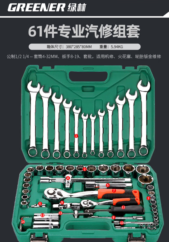 绿林 专业汽修工具套装梅花开口两用棘轮扳手 升级72齿弯柄 61件汽修套组 箱体尺寸:380*285*80MM
重量:5.94KG