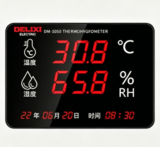 DELIXI/德力西 工业级室内温湿度计 【1050】时间日历/八风口感应 大屏幕电子高精度壁挂式温湿度显示仪报警